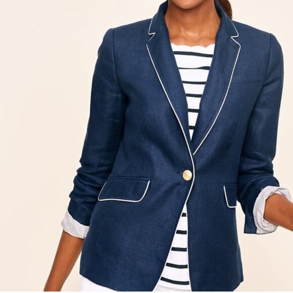 Talbots Piped Linen Blazer Navy Blue 12 - Picture 1 of 8